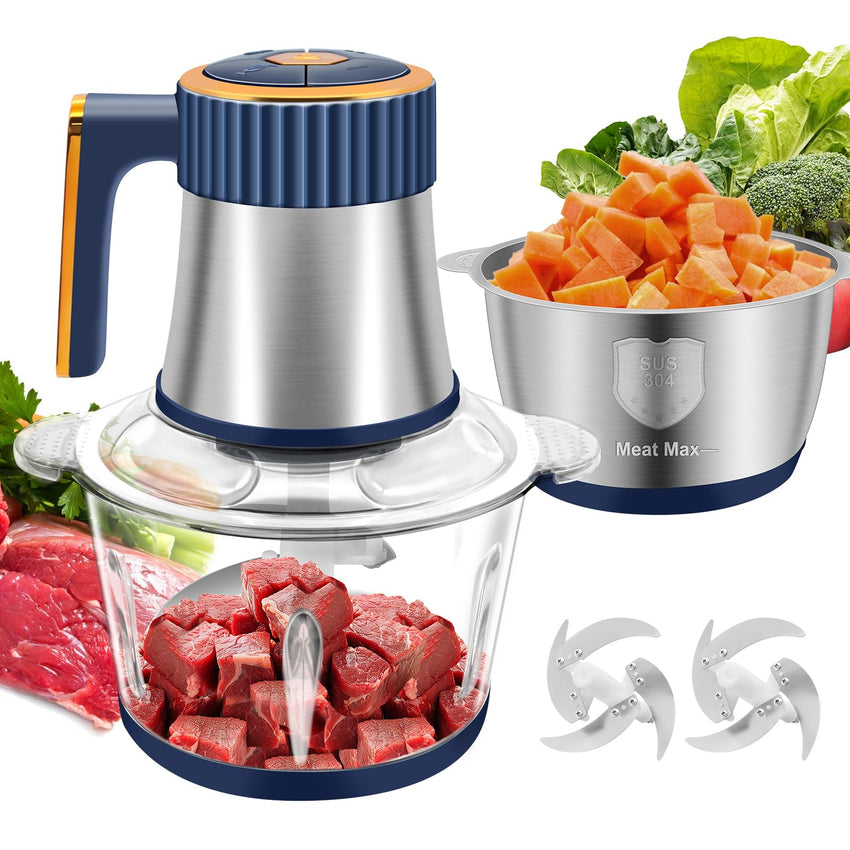 Food Processor, 5 Speed Meat Grinder Electric Food Chopper with 2 Bowls (8 Cup+8 Cup), 4 Bi - Level Blades Mini Kitchen Cutter for Vegetable, Onion, Garlic, Meat, Nuts, and Baby Food (300W Blue - 2L) - 7DAY'S