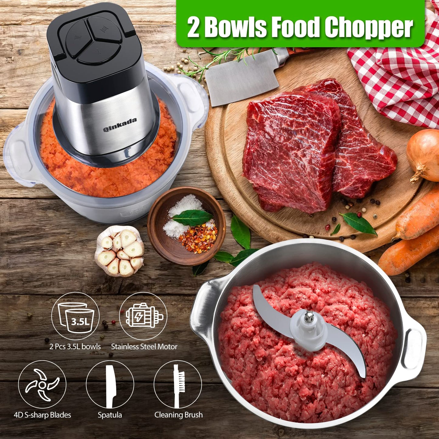 Food Processor, 500W Powerful Meat Grinder, 14Cup Stainless Steel Bowl, 3 Speed Modes 4 Bi - Level Blades for Onion, Meat, Nuts, Fruit, Garlic, Vegetable, Baby Food - 7DAY'S