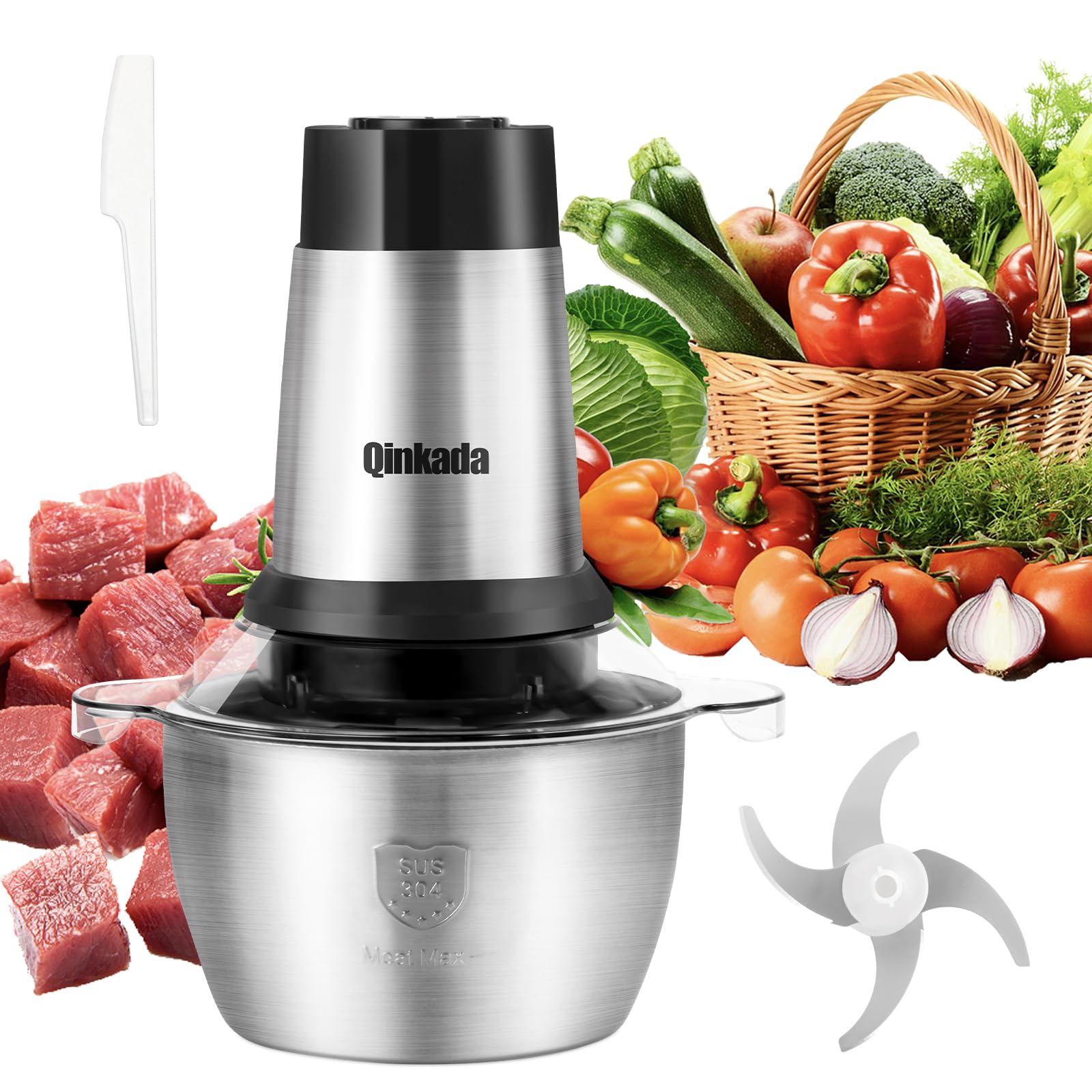 Food Processor, 500W Powerful Meat Grinder, 14Cup Stainless Steel Bowl, 3 Speed Modes 4 Bi - Level Blades for Onion, Meat, Nuts, Fruit, Garlic, Vegetable, Baby Food - 7DAY'S