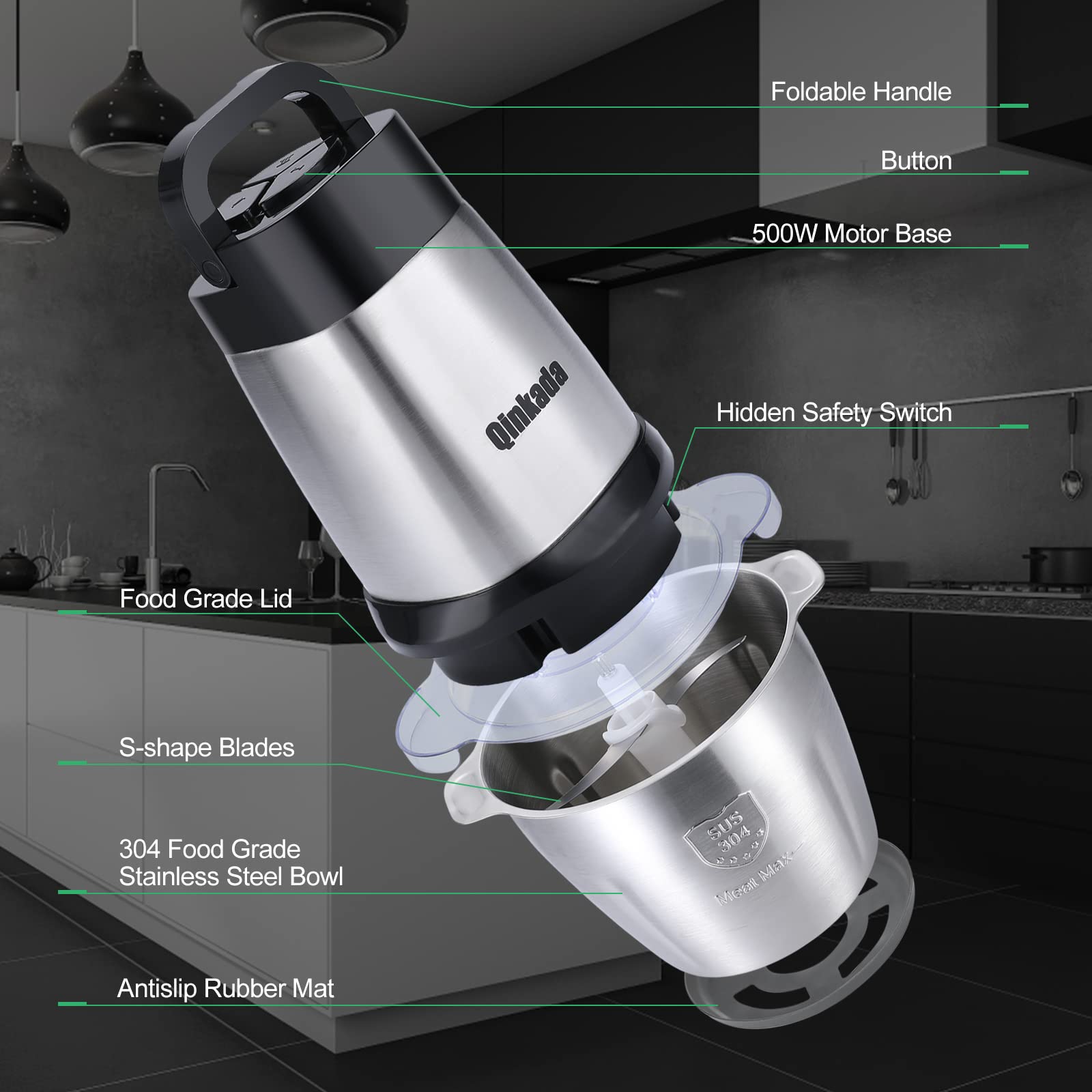 Food Processor, 500W Powerful Meat Grinder, 14Cup Stainless Steel Bowl, 3 Speed Modes 4 Bi - Level Blades for Onion, Meat, Nuts, Fruit, Garlic, Vegetable, Baby Food - 7DAY'S