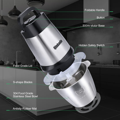Food Processor, 500W Powerful Meat Grinder, 14Cup Stainless Steel Bowl, 3 Speed Modes 4 Bi - Level Blades for Onion, Meat, Nuts, Fruit, Garlic, Vegetable, Baby Food - 7DAY'S