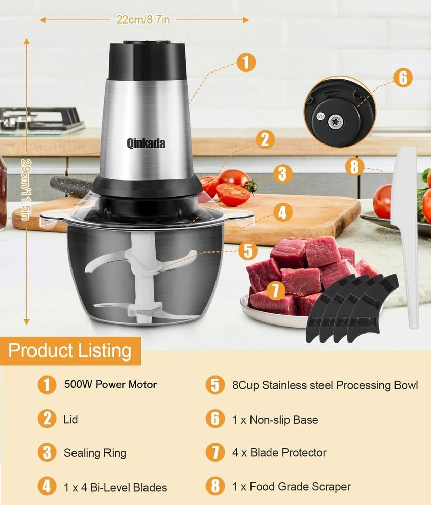 Food Processor, 500W Powerful Meat Grinder, 14Cup Stainless Steel Bowl, 3 Speed Modes 4 Bi - Level Blades for Onion, Meat, Nuts, Fruit, Garlic, Vegetable, Baby Food - 7DAY'S