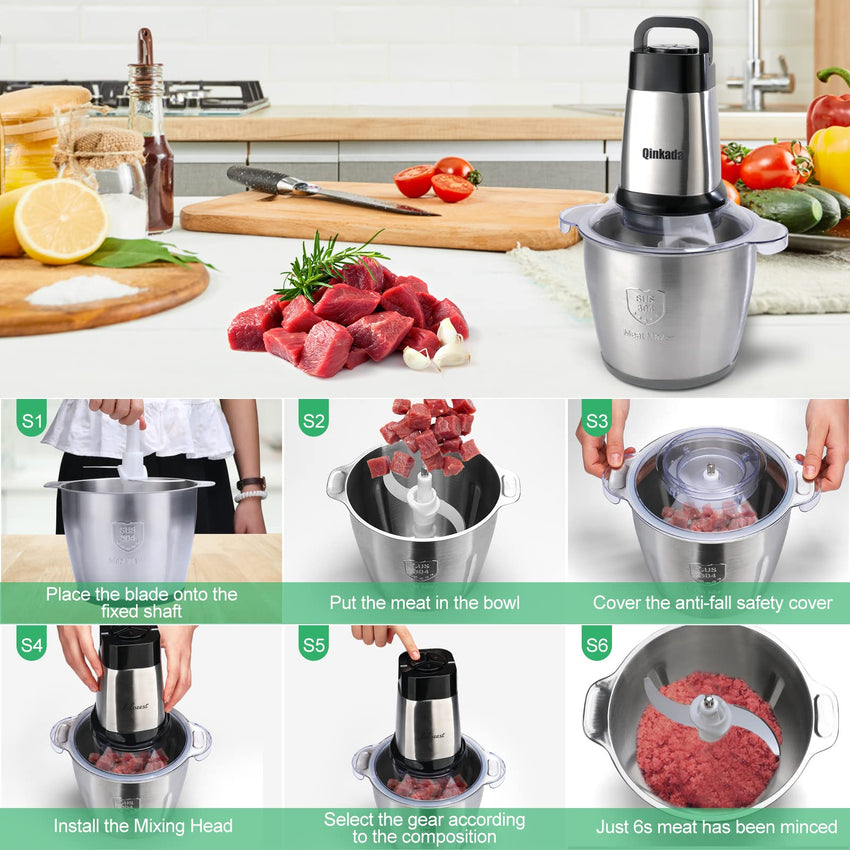 Food Processor, 500W Powerful Meat Grinder, 14Cup Stainless Steel Bowl, 3 Speed Modes 4 Bi - Level Blades for Onion, Meat, Nuts, Fruit, Garlic, Vegetable, Baby Food - 7DAY'S