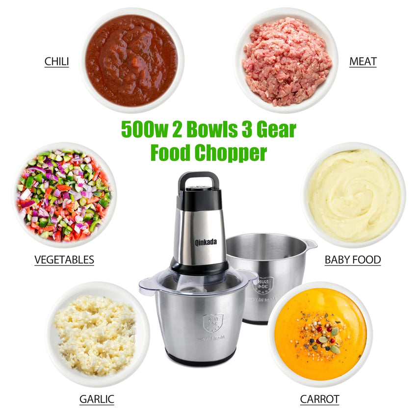 Food Processor, 500W Powerful Meat Grinder, 14Cup Stainless Steel Bowl, 3 Speed Modes 4 Bi - Level Blades for Onion, Meat, Nuts, Fruit, Garlic, Vegetable, Baby Food - 7DAY'S