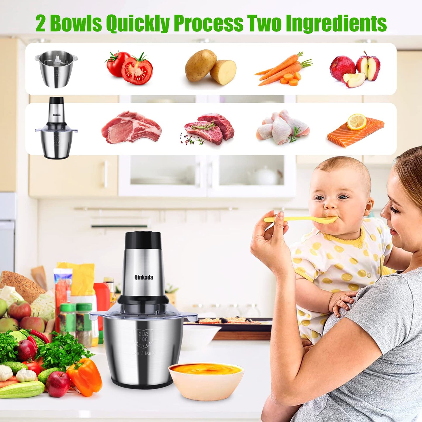 Food Processor, 500W Powerful Meat Grinder, 14Cup Stainless Steel Bowl, 3 Speed Modes 4 Bi - Level Blades for Onion, Meat, Nuts, Fruit, Garlic, Vegetable, Baby Food - 7DAY'S