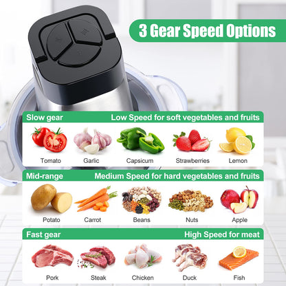 Food Processor, 500W Powerful Meat Grinder, 14Cup Stainless Steel Bowl, 3 Speed Modes 4 Bi - Level Blades for Onion, Meat, Nuts, Fruit, Garlic, Vegetable, Baby Food - 7DAY'S