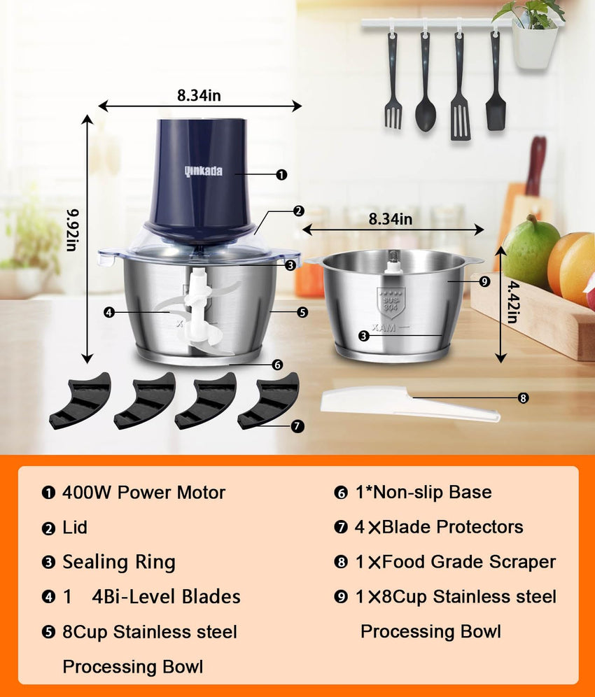Food Processors with 2 Bowls, 400W Meat Grinder, Food Chopper Electric, 2 Speed, 8Cup Glass and 8Cup 304 Stainless Steel, 2 Blades, Spatula (White) - 7DAY'S