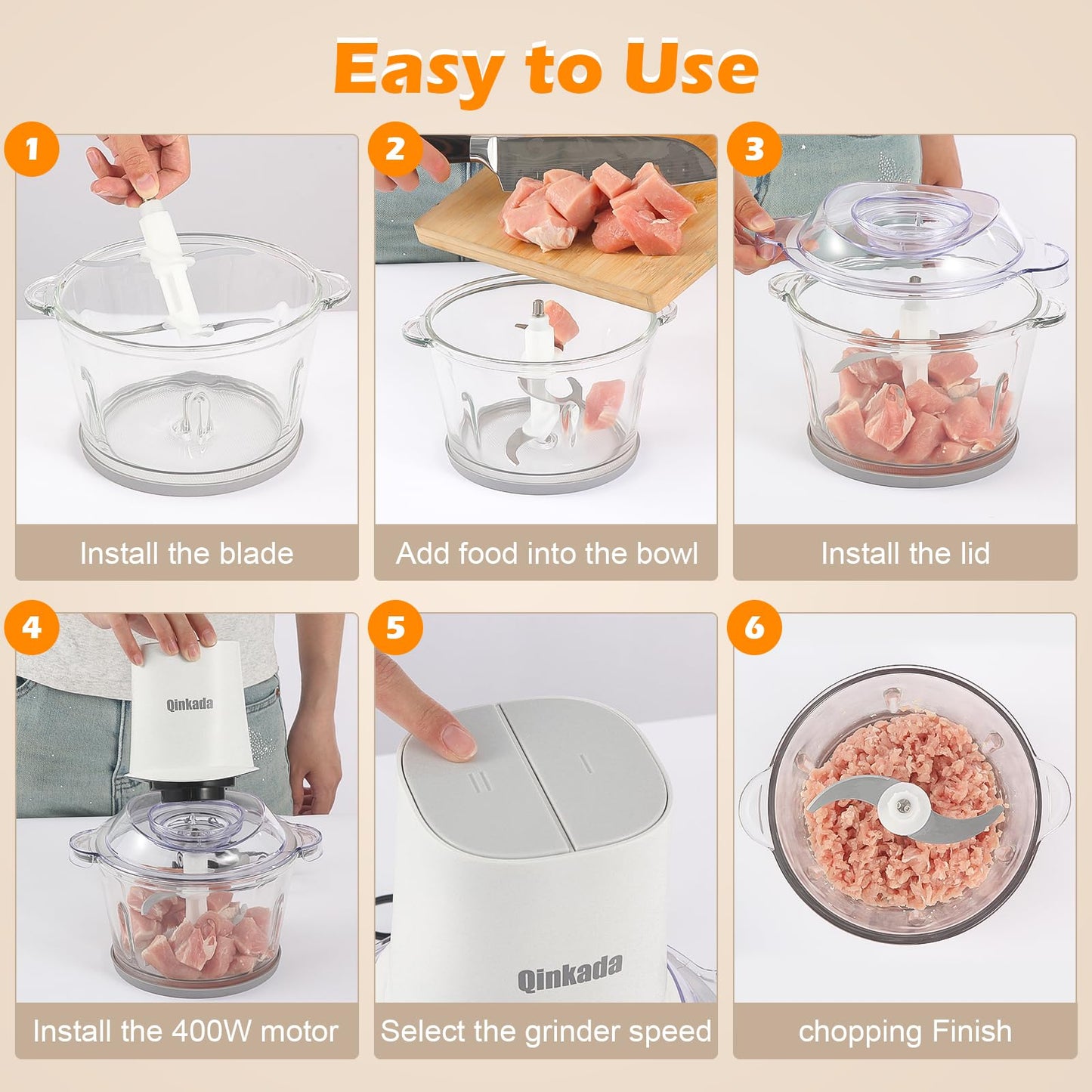 Food Processors with 2 Bowls, 400W Meat Grinder, Food Chopper Electric, 2 Speed, 8Cup Glass and 8Cup 304 Stainless Steel, 2 Blades, Spatula (White) - 7DAY'S
