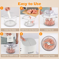 Food Processors with 2 Bowls, 400W Meat Grinder, Food Chopper Electric, 2 Speed, 8Cup Glass and 8Cup 304 Stainless Steel, 2 Blades, Spatula (White) - 7DAY'S