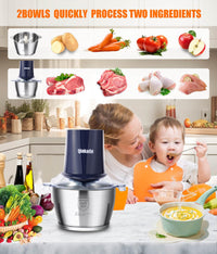 Food Processors with 2 Bowls, 400W Meat Grinder, Food Chopper Electric, 2 Speed, 8Cup Glass and 8Cup 304 Stainless Steel, 2 Blades, Spatula (White) - 7DAY'S