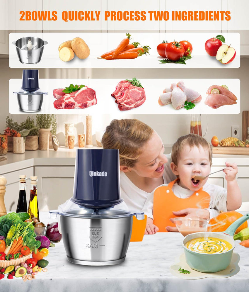 Food Processors with 2 Bowls, 400W Meat Grinder, Food Chopper Electric, 2 Speed, 8Cup Glass and 8Cup 304 Stainless Steel, 2 Blades, Spatula (White) - 7DAY'S