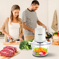 Food Processors with 2 Bowls, 400W Meat Grinder, Food Chopper Electric, 2 Speed, 8Cup Glass and 8Cup 304 Stainless Steel, 2 Blades, Spatula (White) - 7DAY'S