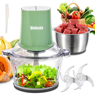 Food Processors with 2 Bowls, 400W Meat Grinder, Food Chopper Electric, 2 Speed, 8Cup Glass and 8Cup 304 Stainless Steel, 2 Blades, Spatula (White)
