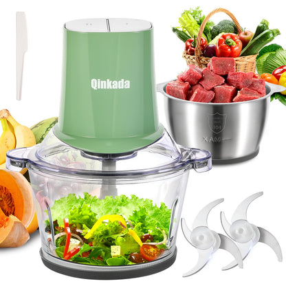 Food Processors with 2 Bowls, 400W Meat Grinder, Food Chopper Electric, 2 Speed, 8Cup Glass and 8Cup 304 Stainless Steel, 2 Blades, Spatula (White) - 7DAY'S