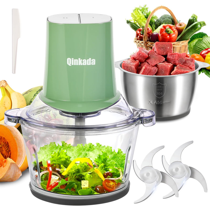 Food Processors with 2 Bowls, 400W Meat Grinder, Food Chopper Electric, 2 Speed, 8Cup Glass and 8Cup 304 Stainless Steel, 2 Blades, Spatula (White) - 7DAY'S