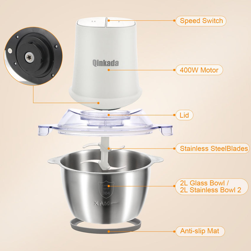 Food Processors with 2 Bowls, 400W Meat Grinder, Food Chopper Electric, 2 Speed, 8Cup Glass and 8Cup 304 Stainless Steel, 2 Blades, Spatula (White) - 7DAY'S