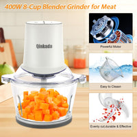 Food Processors with 2 Bowls, 400W Meat Grinder, Food Chopper Electric, 2 Speed, 8Cup Glass and 8Cup 304 Stainless Steel, 2 Blades, Spatula (White) - 7DAY'S