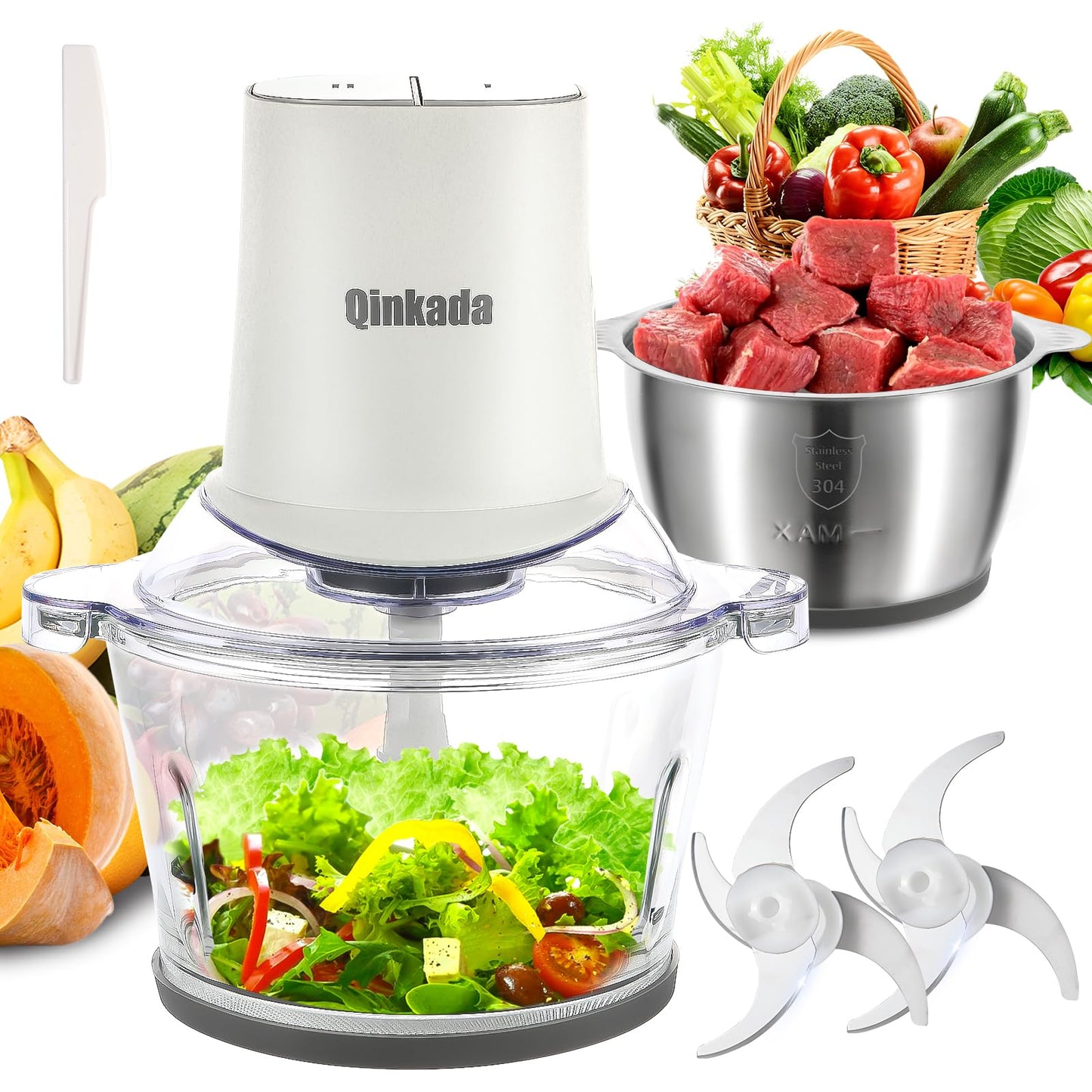 Food Processors with 2 Bowls, 400W Meat Grinder, Food Chopper Electric, 2 Speed, 8Cup Glass and 8Cup 304 Stainless Steel, 2 Blades, Spatula (White) - 7DAY'S