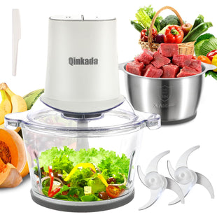 Food Processors with 2 Bowls, 400W Meat Grinder, Food Chopper Electric, 2 Speed, 8Cup Glass and 8Cup 304 Stainless Steel, 2 Blades, Spatula (White) - 7DAY'S