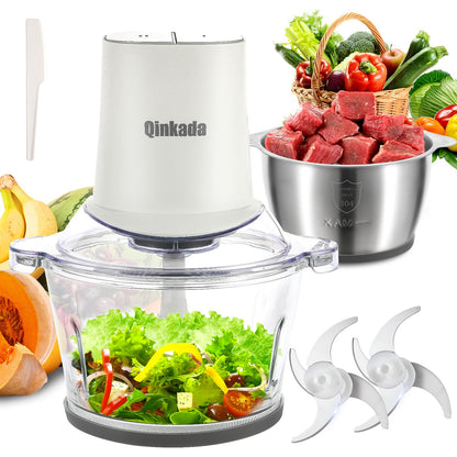 Food Processors with 2 Bowls, 400W Meat Grinder, Food Chopper Electric, 2 Speed, 8Cup Glass and 8Cup 304 Stainless Steel, 2 Blades, Spatula (White) - 7DAY'S