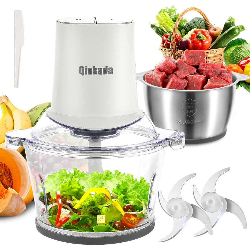 Food Processors with 2 Bowls, 400W Meat Grinder, Food Chopper Electric, 2 Speed, 8Cup Glass and 8Cup 304 Stainless Steel, 2 Blades, Spatula (White) - 7DAY'S