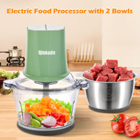 Food Processors with 2 Bowls, 400W Meat Grinder, Food Chopper Electric, 2 Speed, 8Cup Glass and 8Cup 304 Stainless Steel, 2 Blades, Spatula (White) - 7DAY'S