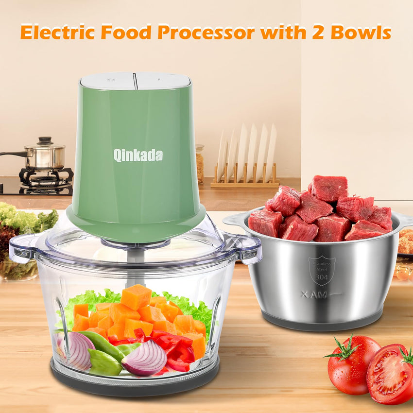 Food Processors with 2 Bowls, 400W Meat Grinder, Food Chopper Electric, 2 Speed, 8Cup Glass and 8Cup 304 Stainless Steel, 2 Blades, Spatula (White) - 7DAY'S