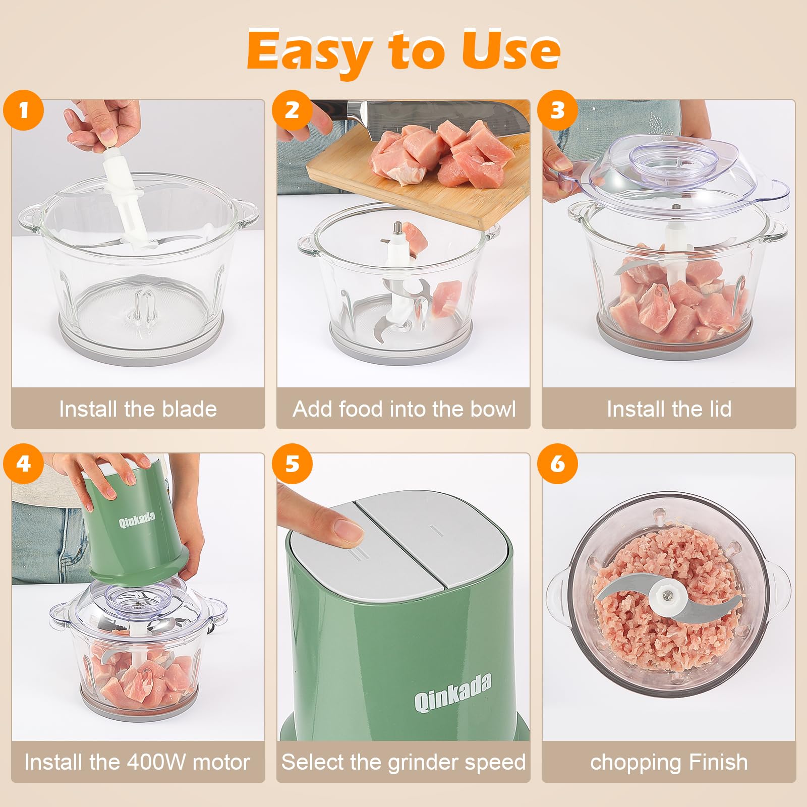 Food Processors with 2 Bowls, 400W Meat Grinder, Food Chopper Electric, 2 Speed, 8Cup Glass and 8Cup 304 Stainless Steel, 2 Blades, Spatula (White) - 7DAY'S