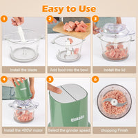 Food Processors with 2 Bowls, 400W Meat Grinder, Food Chopper Electric, 2 Speed, 8Cup Glass and 8Cup 304 Stainless Steel, 2 Blades, Spatula (White) - 7DAY'S