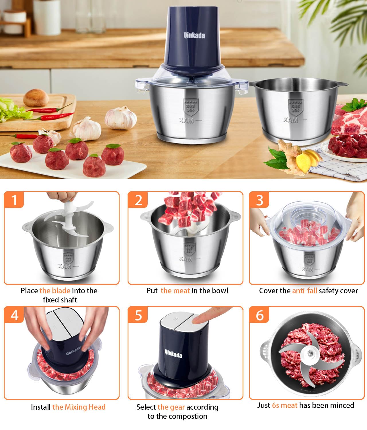 Food Processors with 2 Bowls, 400W Meat Grinder, Food Chopper Electric, 2 Speed, 8Cup Glass and 8Cup 304 Stainless Steel, 2 Blades, Spatula (White) - 7DAY'S