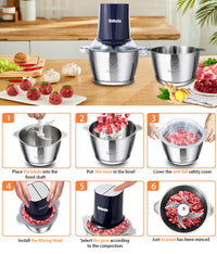 Food Processors with 2 Bowls, 400W Meat Grinder, Food Chopper Electric, 2 Speed, 8Cup Glass and 8Cup 304 Stainless Steel, 2 Blades, Spatula (White) - 7DAY'S