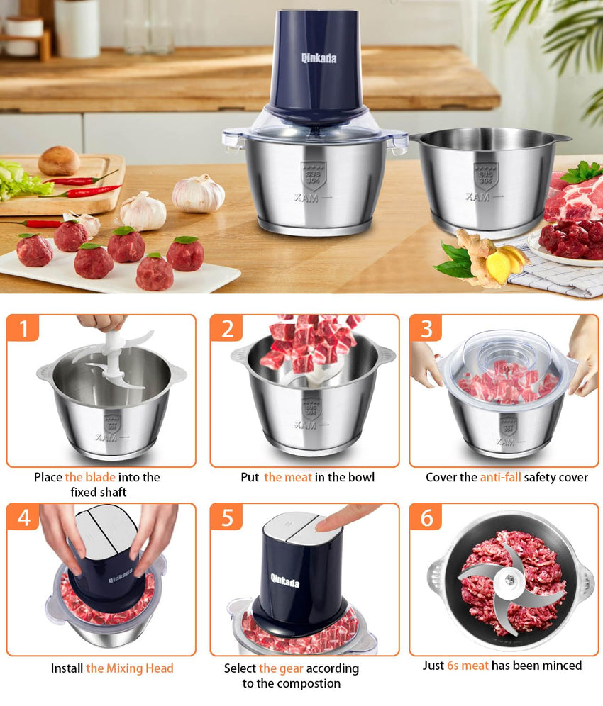 Food Processors with 2 Bowls, 400W Meat Grinder, Food Chopper Electric, 2 Speed, 8Cup Glass and 8Cup 304 Stainless Steel, 2 Blades, Spatula (White) - 7DAY'S