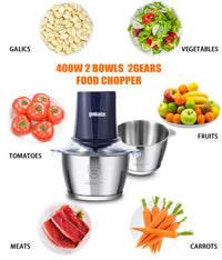 Food Processors with 2 Bowls, 400W Meat Grinder, Food Chopper Electric, 2 Speed, 8Cup Glass and 8Cup 304 Stainless Steel, 2 Blades, Spatula (White) - 7DAY'S