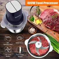 Food Processors with 2 Bowls, 400W Meat Grinder, Food Chopper Electric, 2 Speed, 8Cup Glass and 8Cup 304 Stainless Steel, 2 Blades, Spatula (White) - 7DAY'S