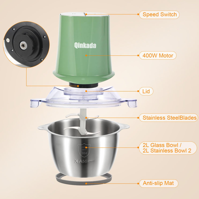 Food Processors with 2 Bowls, 400W Meat Grinder, Food Chopper Electric, 2 Speed, 8Cup Glass and 8Cup 304 Stainless Steel, 2 Blades, Spatula (White) - 7DAY'S