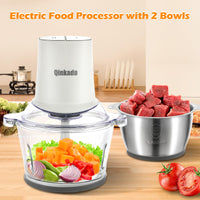 Food Processors with 2 Bowls, 400W Meat Grinder, Food Chopper Electric, 2 Speed, 8Cup Glass and 8Cup 304 Stainless Steel, 2 Blades, Spatula (White) - 7DAY'S