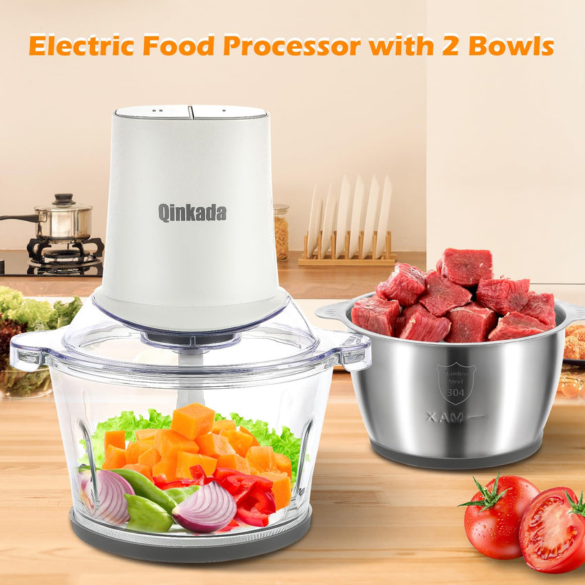 Food Processors with 2 Bowls, 400W Meat Grinder, Food Chopper Electric, 2 Speed, 8Cup Glass and 8Cup 304 Stainless Steel, 2 Blades, Spatula (White) - 7DAY'S
