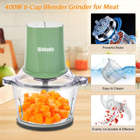 Food Processors with 2 Bowls, 400W Meat Grinder, Food Chopper Electric, 2 Speed, 8Cup Glass and 8Cup 304 Stainless Steel, 2 Blades, Spatula (White) - 7DAY'S