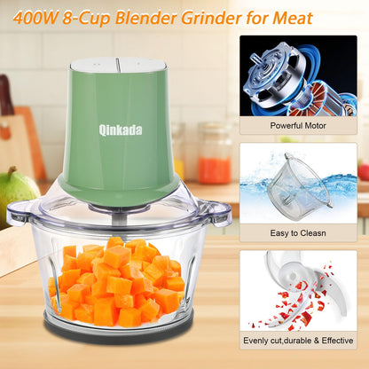 Food Processors with 2 Bowls, 400W Meat Grinder, Food Chopper Electric, 2 Speed, 8Cup Glass and 8Cup 304 Stainless Steel, 2 Blades, Spatula (White) - 7DAY'S