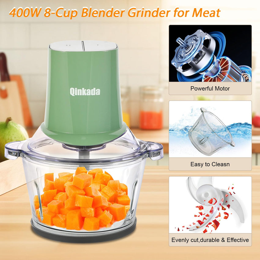 Food Processors with 2 Bowls, 400W Meat Grinder, Food Chopper Electric, 2 Speed, 8Cup Glass and 8Cup 304 Stainless Steel, 2 Blades, Spatula (White) - 7DAY'S