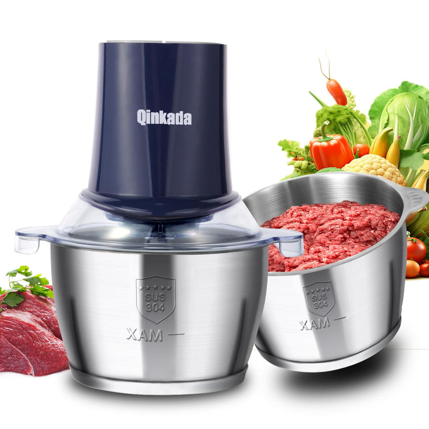 Food Processors with 2 Bowls, 400W Meat Grinder, Food Chopper Electric, 2 Speed, 8Cup Glass and 8Cup 304 Stainless Steel, 2 Blades, Spatula (White) - 7DAY'S