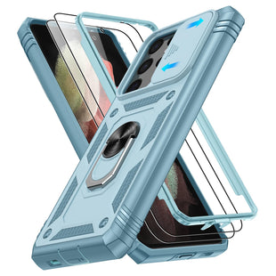 for Samsung Galaxy S21 Ultra Case with 2PCS Screen Protector, Build in 360° Rotating Ring Kickstand, Military Grade Protective Case for Galaxy S21 Ultra 5G Phone, Green+Pink