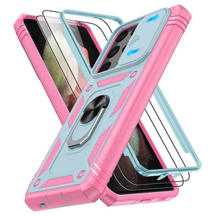 for Samsung Galaxy S21 Ultra Case with 2PCS Screen Protector, Build in 360° Rotating Ring Kickstand, Military Grade Protective Case for Galaxy S21 Ultra 5G Phone, Green+Pink - 7DAY'S