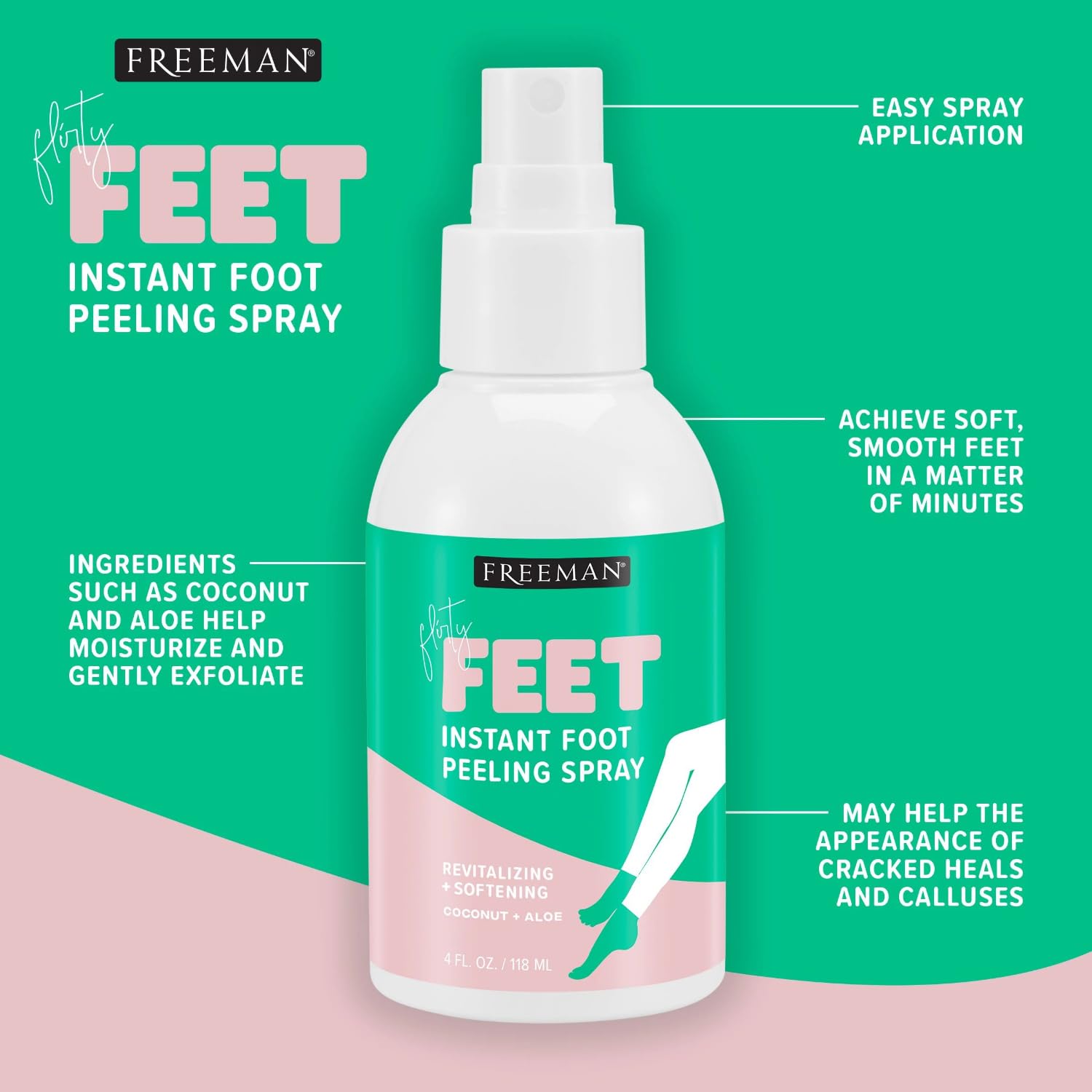 Freeman Flirty Feet Instant Foot Peeling Spray, Exfoliating Foot Mask For Summer, Moisturizing & Smooth Dry, Cracked Heels, Remove Dead Skin Quickly, Cruelty - Free & Vegan, 4 fl.oz./ 118 ml Bottle - 7DAY'S