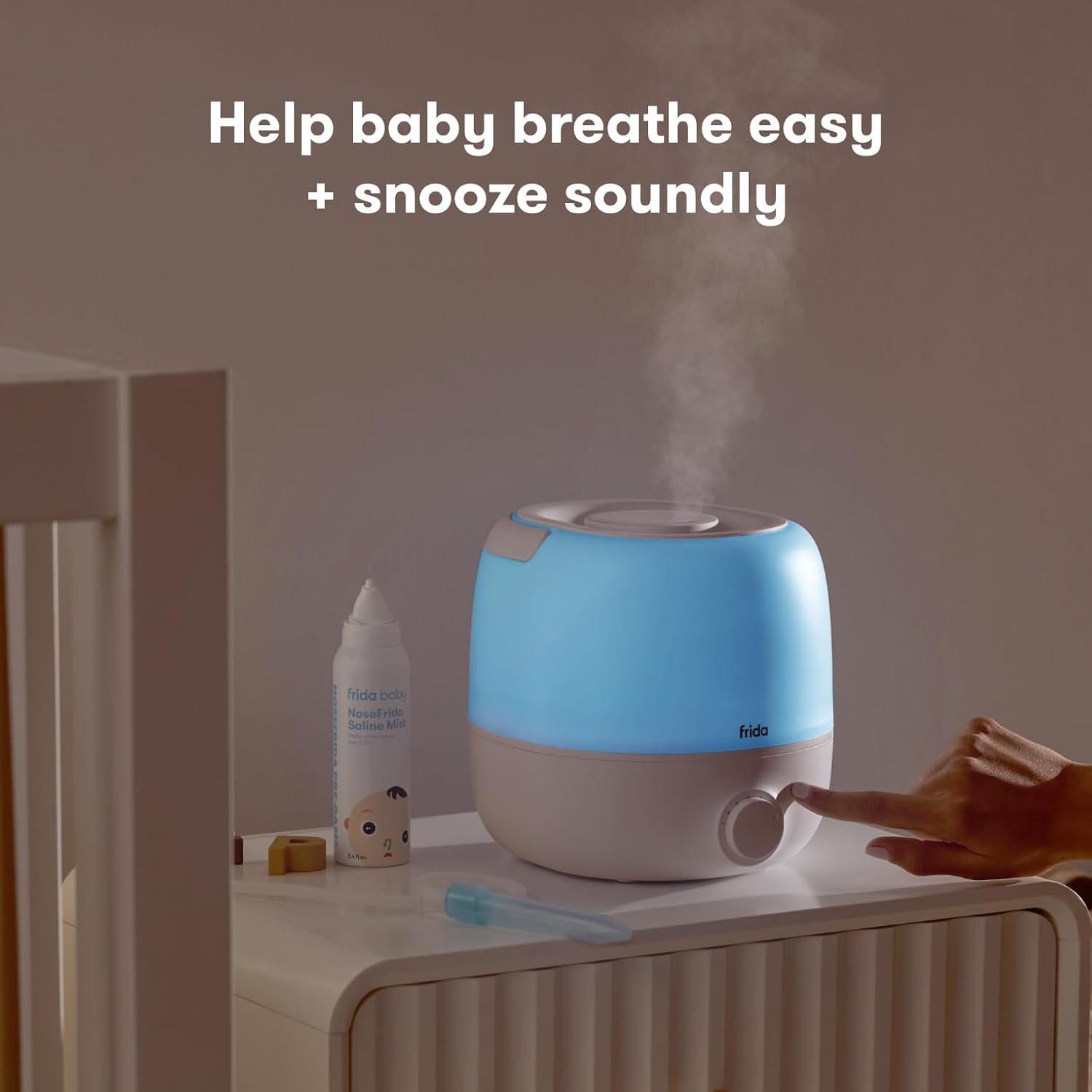 Frida Baby 3 - in - 1 Cool Mist Humidifier for Large Rooms, Top Fill Humidifier for Bedroom, Allergy Relief, 60 Hour Runtime + Nightlight, Auto Shut - Off, Quiet, Carry Handle, Essential Oil Diffuser - 7DAY'S