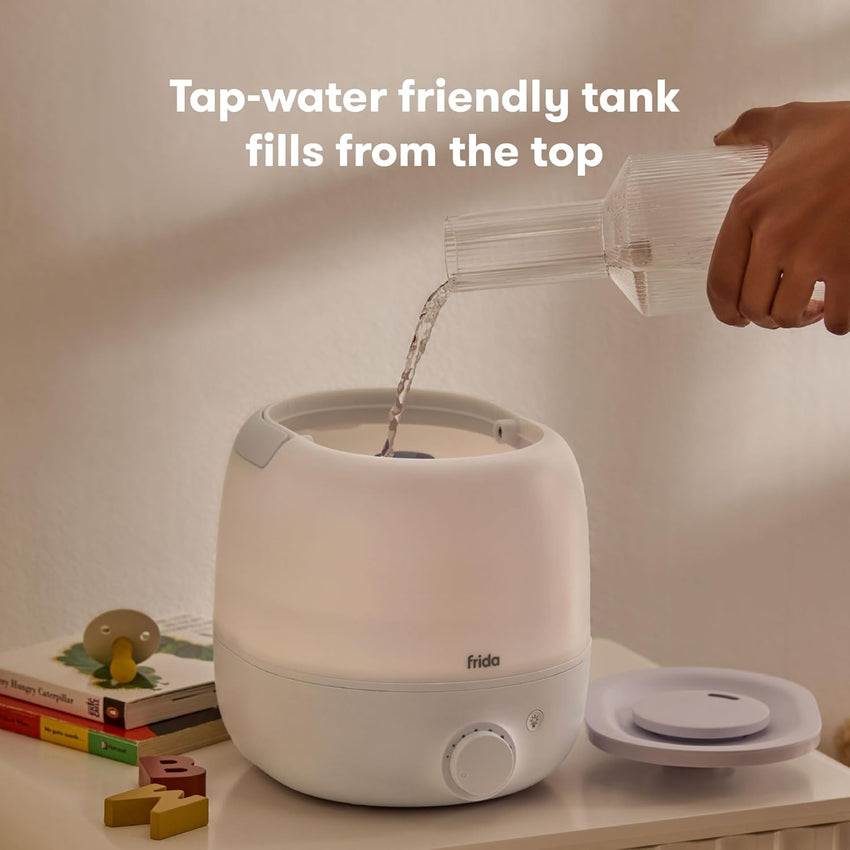 Frida Baby 3 - in - 1 Cool Mist Humidifier for Large Rooms, Top Fill Humidifier for Bedroom, Allergy Relief, 60 Hour Runtime + Nightlight, Auto Shut - Off, Quiet, Carry Handle, Essential Oil Diffuser - 7DAY'S