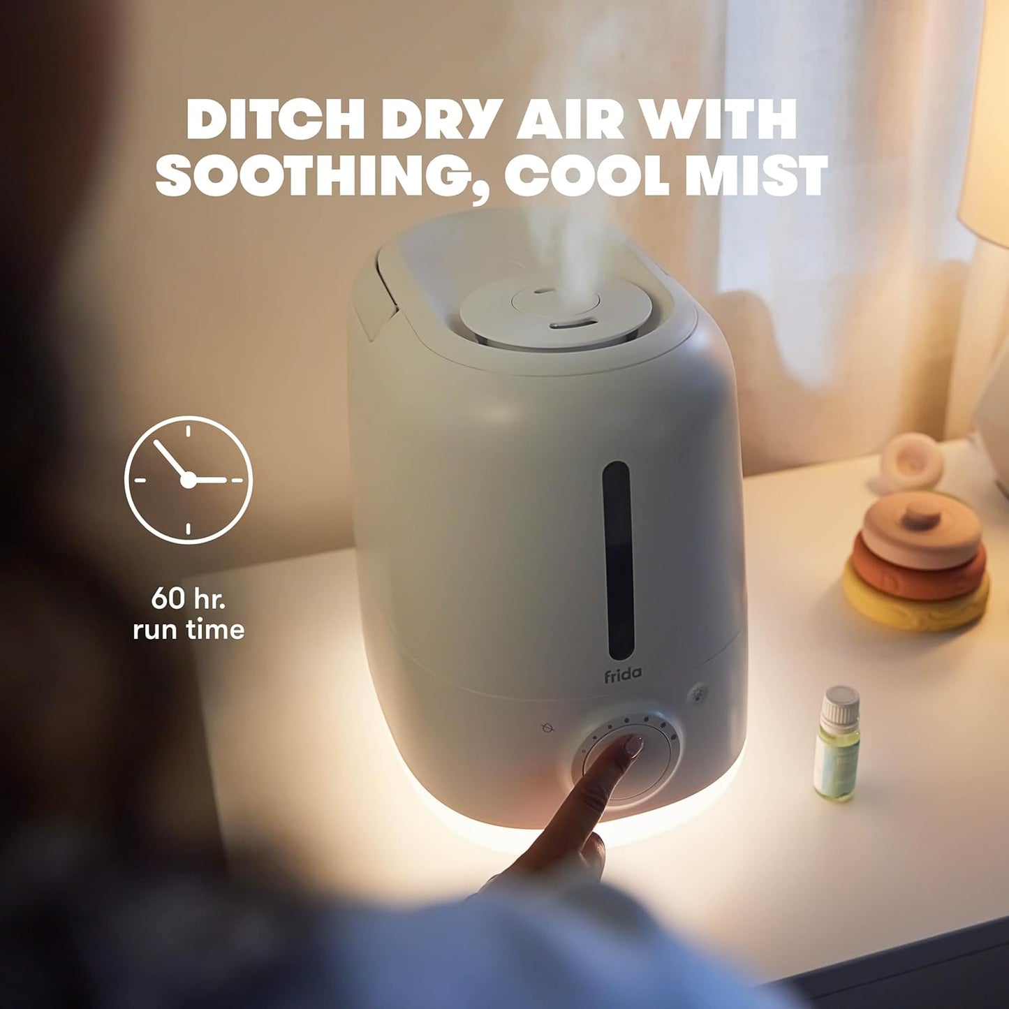 Frida Baby 3 - in - 1 XL Top Fill Humidifier for Bedroom, Allergy Relief, 6L Tank Cool Mist Humidifier for Large Rooms + Diffuser, Nightlight, Auto Shut - Off, Quiet, Carry Handle, Essential Oil Diffuser - 7DAY'S