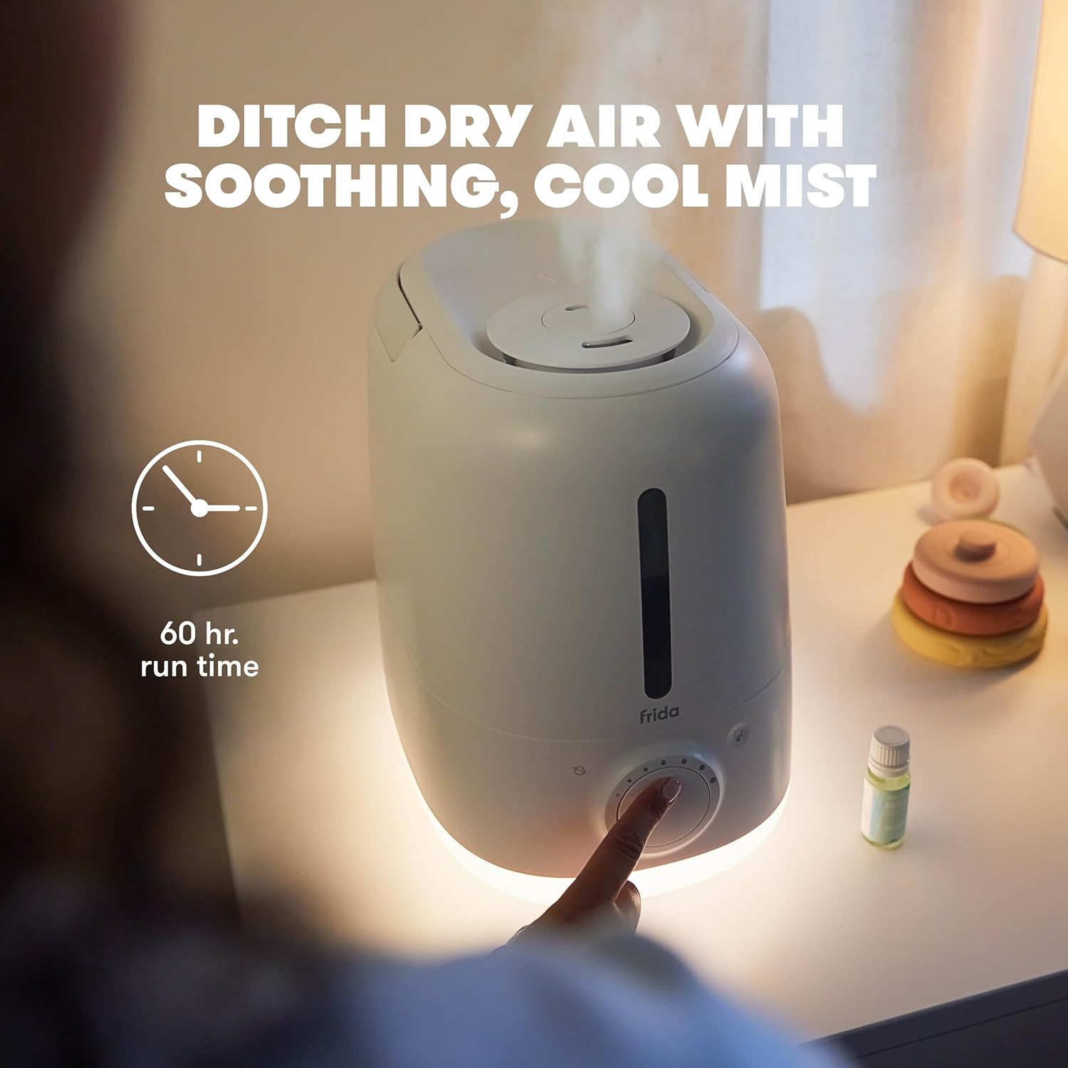 Frida Baby 3 - in - 1 XL Top Fill Humidifier for Bedroom, Allergy Relief, 6L Tank Cool Mist Humidifier for Large Rooms + Diffuser, Nightlight, Auto Shut - Off, Quiet, Carry Handle, Essential Oil Diffuser - 7DAY'S