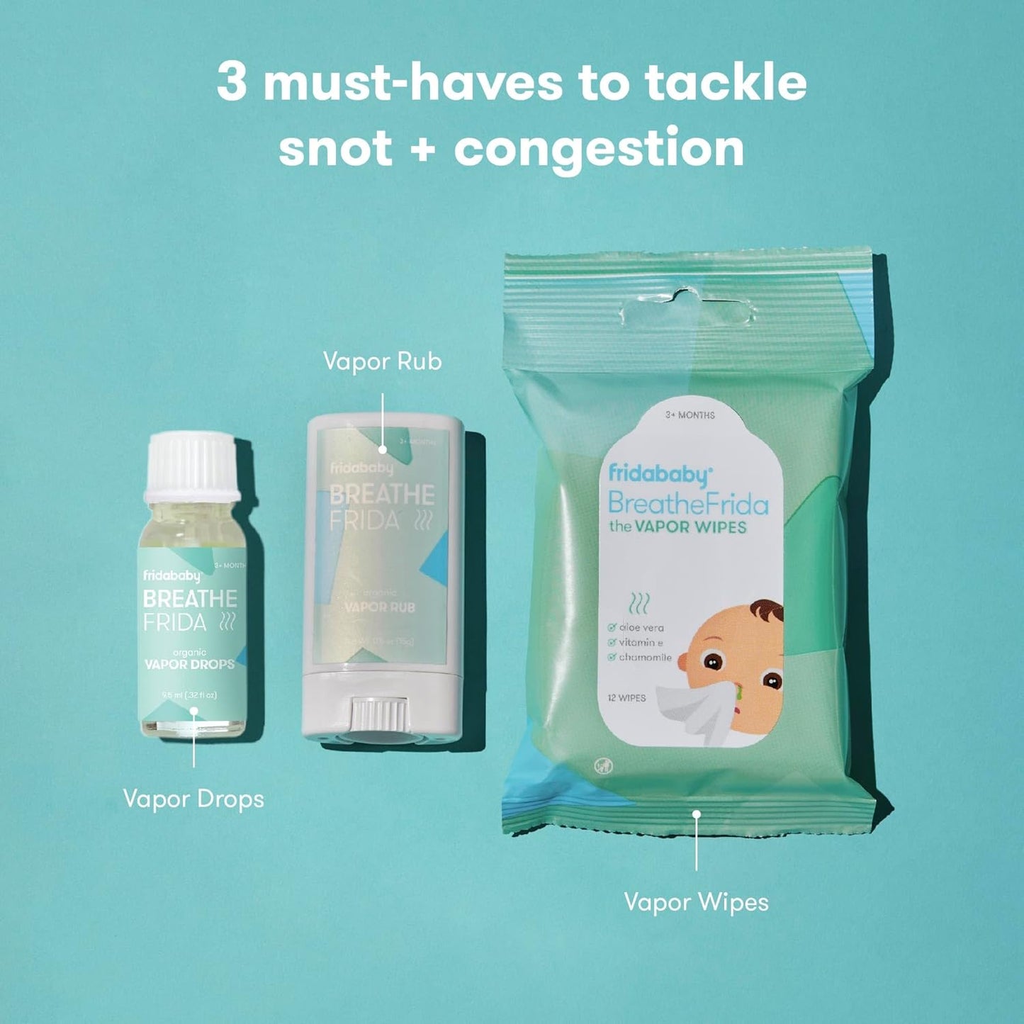 Frida Baby Breathe Easy Kit Sick Day Baby Essentials - Vapor Wipes, Vapor Rub + Organic Vapor Drops to Help Baby Breathe Easy, Natural Baby Congestion Relief - 7DAY'S