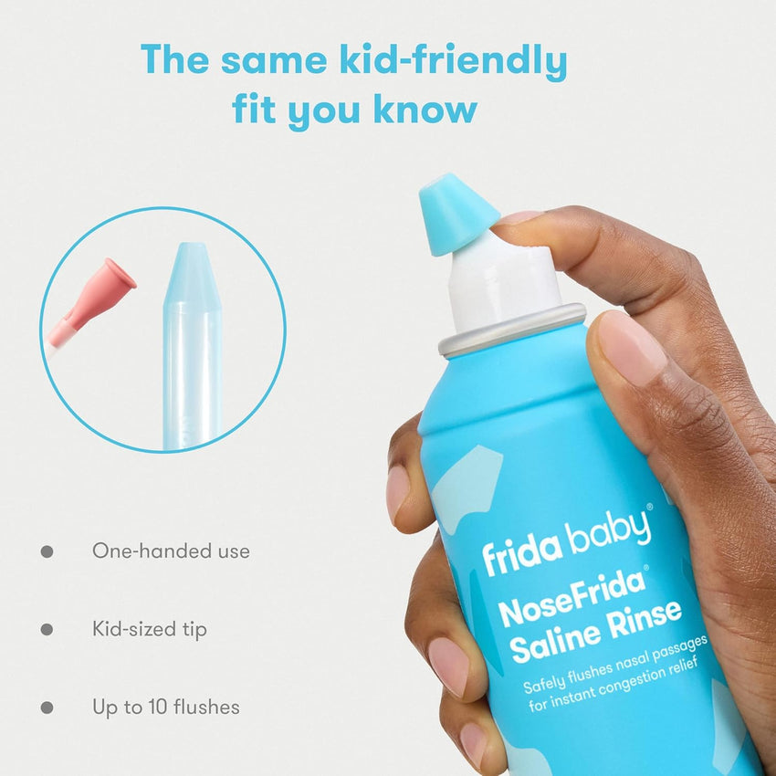 Frida Saline Rinse for Toddler, Kids, Ages 2+, Saline Rinse for Sinus, Instant Congestion Relief & Allergy Relief, Flush Out Allergens, Mucus, Pollen, Dust, Safe for Daily Use - 7DAY'S